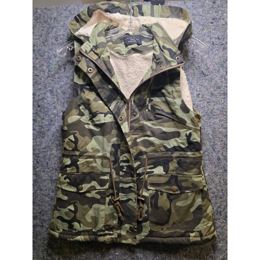 928 Love Tree Womens Camo Utility Vest Hooded Sherpa Lined Green Camouflage Sm